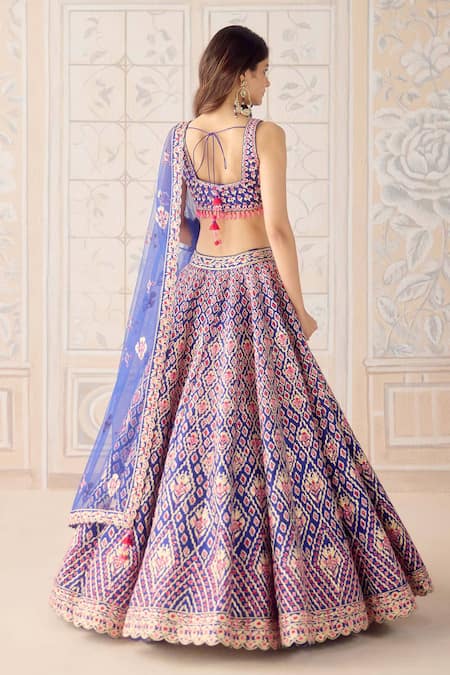 Shop Shyam Narayan Prasad Mauve Silk, Net Gota Patti, Embroidery Square Neck Mazarine Blue Lehenga Set at Aza Fashions Shop_Shyam Narayan Prasad_Mauve Silk, Net Gota Patti, Embroidery Square Neck Mazarine Blue Lehenga Set _at_Aza_Fashions