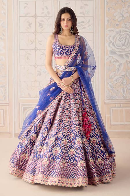 Shyam Narayan Prasad Mauve Silk, Net Gota Patti, Embroidery Square Neck Mazarine Blue Lehenga Set 
