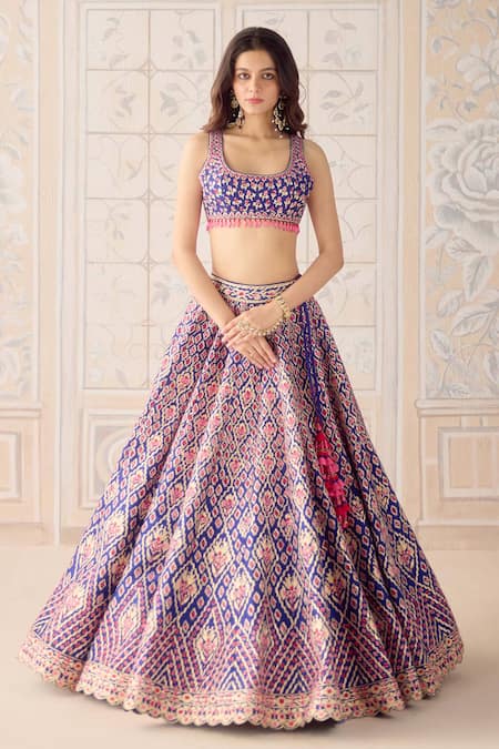 Shop Shyam Narayan Prasad Mauve Silk, Net Gota Patti, Embroidery Square Neck Mazarine Blue Lehenga Set Online at Aza Fashions Shop_Shyam Narayan Prasad_Mauve Silk, Net Gota Patti, Embroidery Square Neck Mazarine Blue Lehenga Set _Online_at_Aza_Fashions