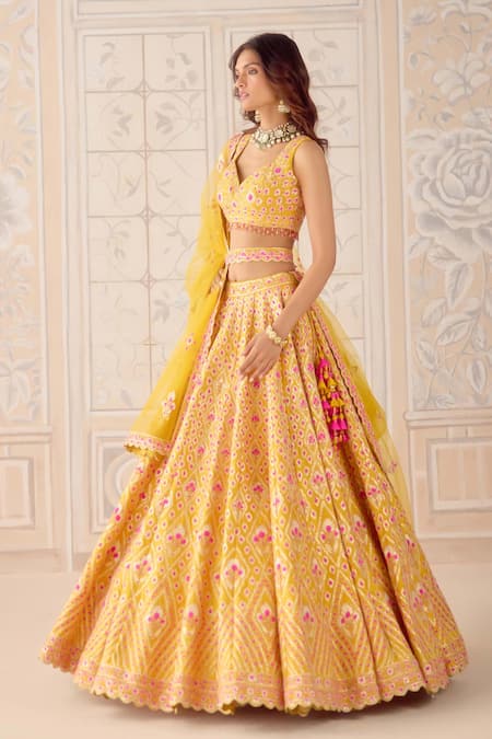 Shyam Narayan Prasad Mustard Silk, Net Gota Patti, Embroidery V-neck Yellow Lehenga Set Online at Aza Fashions Shyam Narayan Prasad_Mustard Silk, Net Gota Patti, Embroidery V-neck Yellow Lehenga Set _Online_at_Aza_Fashions