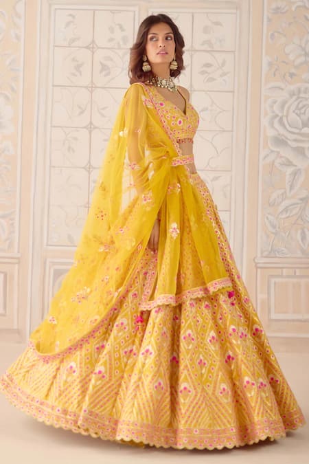 Buy Shyam Narayan Prasad Mustard Silk, Net Gota Patti, Embroidery V-neck Yellow Lehenga Set Online at Aza Fashions Buy_Shyam Narayan Prasad_Mustard Silk, Net Gota Patti, Embroidery V-neck Yellow Lehenga Set _Online_at_Aza_Fashions