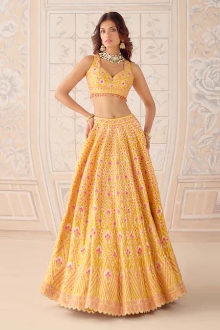 Shop Shyam Narayan Prasad Mustard Silk, Net Gota Patti, Embroidery V-neck Yellow Lehenga Set Online at Aza Fashions Shop_Shyam Narayan Prasad_Mustard Silk, Net Gota Patti, Embroidery V-neck Yellow Lehenga Set _Online_at_Aza_Fashions