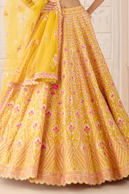 Shyam Narayan Prasad Mustard Silk, Net Gota Patti, Embroidery V-neck Yellow Lehenga Set at Aza Fashions Shyam Narayan Prasad_Mustard Silk, Net Gota Patti, Embroidery V-neck Yellow Lehenga Set _at_Aza_Fashions