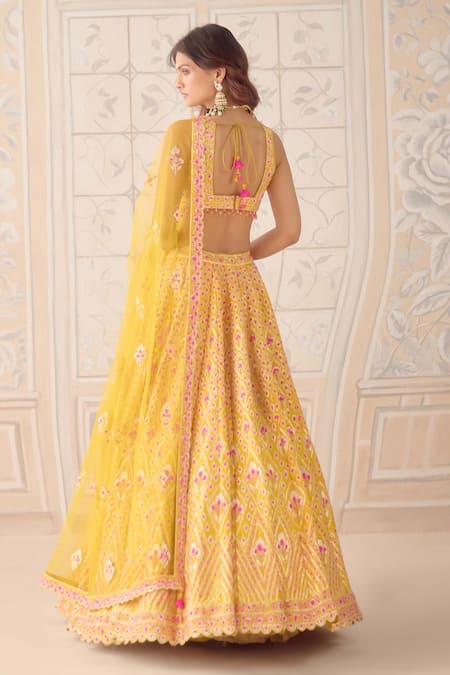 Shop Shyam Narayan Prasad Mustard Silk, Net Gota Patti, Embroidery V-neck Yellow Lehenga Set at Aza Fashions Shop_Shyam Narayan Prasad_Mustard Silk, Net Gota Patti, Embroidery V-neck Yellow Lehenga Set _at_Aza_Fashions