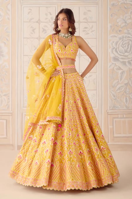 Shyam Narayan Prasad Mustard Silk, Net Gota Patti, Embroidery V-neck Yellow Lehenga Set 