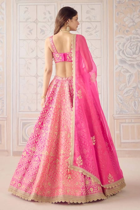 Shyam Narayan Prasad Coral Pink Zari Embroidered Lehenga Set 