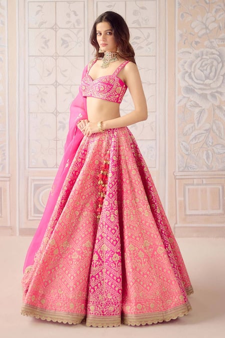 Shop Shyam Narayan Prasad Coral Silk, Organza Zari, Tassels Sweetheart Neck Pink Embroidered Lehenga Set Online at Aza Fashions Shop_Shyam Narayan Prasad_Coral Silk, Organza Zari, Tassels Sweetheart Neck Pink Embroidered Lehenga Set _Online_at_Aza_Fashions