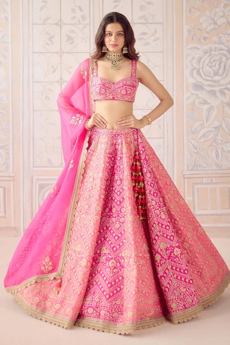 Shyam Narayan Prasad Coral Silk, Organza Zari, Tassels Sweetheart Neck Pink Embroidered Lehenga Set 
