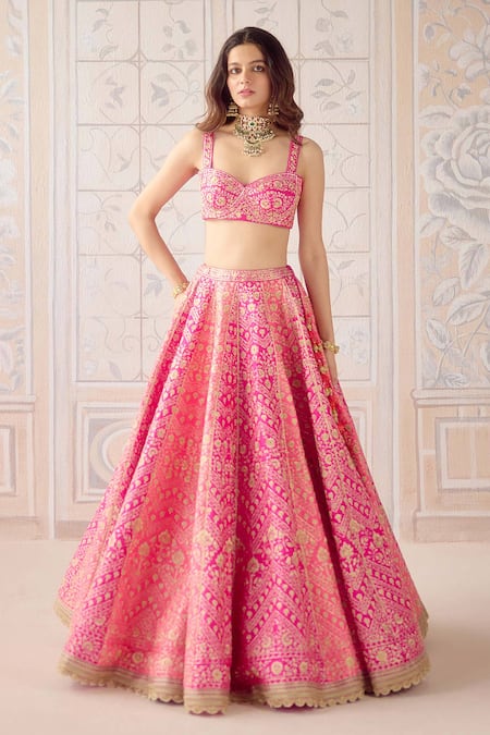 Buy Shyam Narayan Prasad Coral Silk, Organza Zari, Tassels Sweetheart Neck Pink Embroidered Lehenga Set Buy_Shyam Narayan Prasad_Coral Silk, Organza Zari, Tassels Sweetheart Neck Pink Embroidered Lehenga Set
