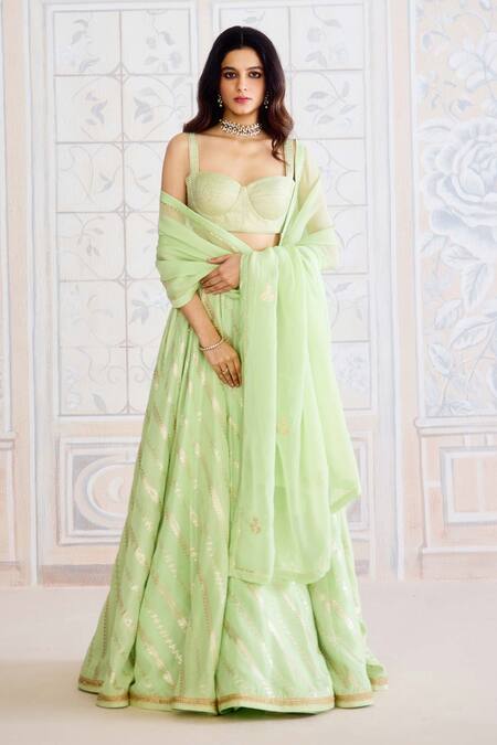 Shop Shyam Narayan Prasad Green Brocade, Organza Gota Patti Sweetheart Butterfly Embroidered Lehenga Set Online at Aza Fashions Shop_Shyam Narayan Prasad_Green Brocade, Organza Gota Patti Sweetheart Butterfly Embroidered Lehenga Set _Online_at_Aza_Fashions