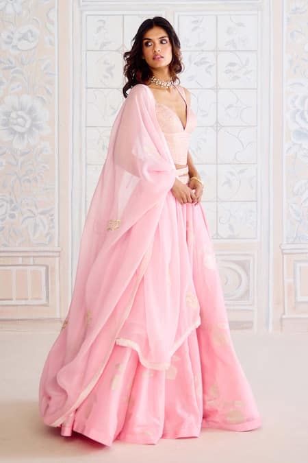 Shyam Narayan Prasad_Pink Brocade, Organza Gota Patti V-neck Crystal Rose Fusion Lehenga Set _Online_at_Aza_Fashions
