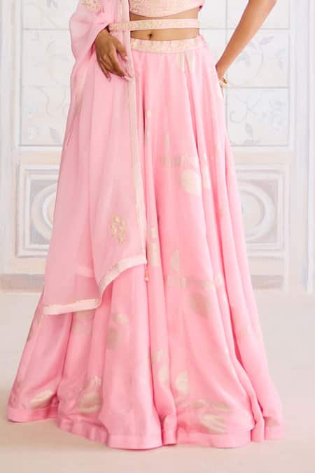 Buy_Shyam Narayan Prasad_Pink Brocade, Organza Gota Patti V-neck Crystal Rose Fusion Lehenga Set _Online_at_Aza_Fashions