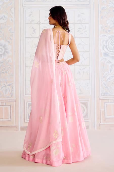 Shop_Shyam Narayan Prasad_Pink Brocade, Organza Gota Patti V-neck Crystal Rose Fusion Lehenga Set _at_Aza_Fashions