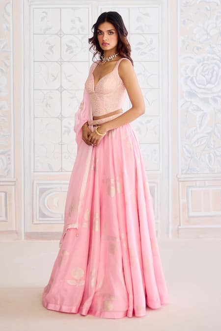 Shyam Narayan Prasad_Pink Brocade, Organza Gota Patti V-neck Crystal Rose Fusion Lehenga Set _at_Aza_Fashions