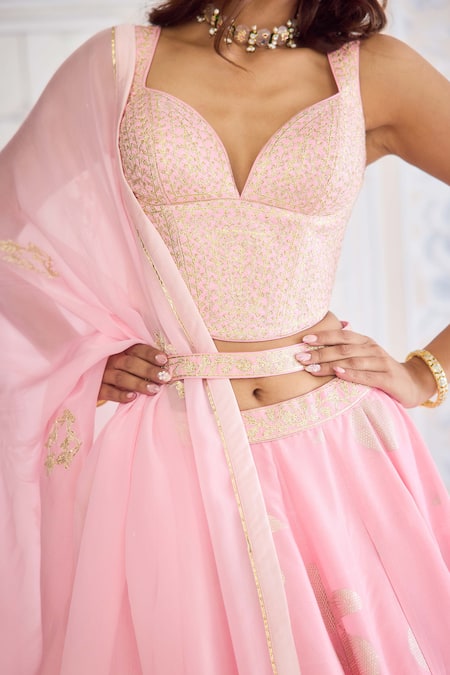 Buy_Shyam Narayan Prasad_Pink Brocade, Organza Gota Patti V-neck Crystal Rose Fusion Lehenga Set 