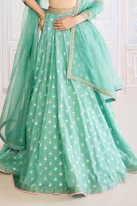 Shyam Narayan Prasad_Green Chanderi, Brocade, Organza Sequins, Neptune Classic Lehenga Set _Online_at_Aza_Fashions