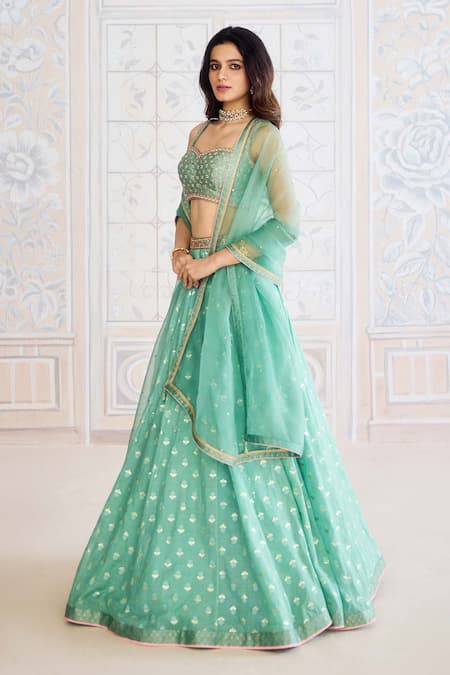 Buy_Shyam Narayan Prasad_Green Chanderi, Brocade, Organza Sequins, Neptune Classic Lehenga Set _Online_at_Aza_Fashions