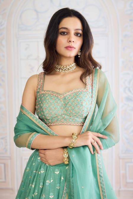 Shop_Shyam Narayan Prasad_Green Chanderi, Brocade, Organza Sequins, Neptune Classic Lehenga Set _Online_at_Aza_Fashions