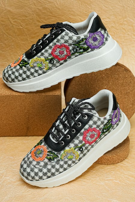Sole Mates by Palak Multi Color Floral Embroidered Check Sneakers 