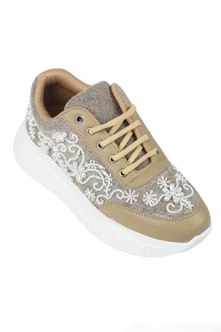 Buy_Sole Mates by Palak_Beige Pearly Embroidered Sneakers _Online_at_Aza_Fashions