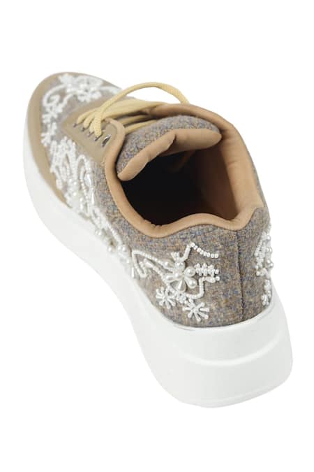 Shop_Sole Mates by Palak_Beige Pearly Embroidered Sneakers _Online_at_Aza_Fashions