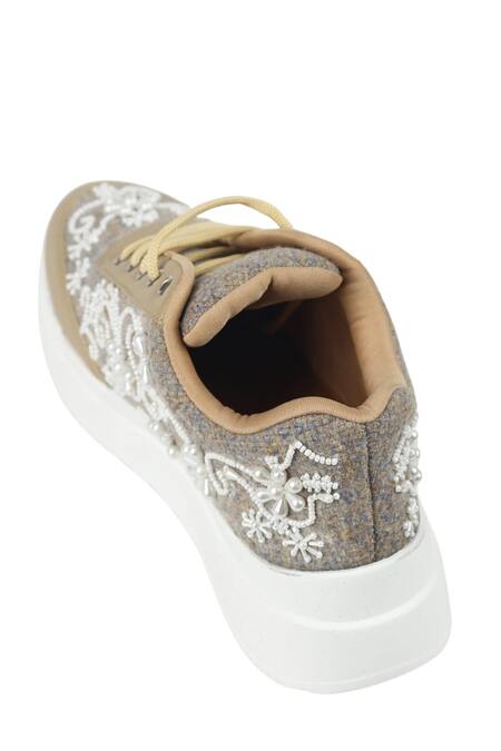 Sole Mates by Palak_Beige Pearly Embroidered Sneakers _at_Aza_Fashions