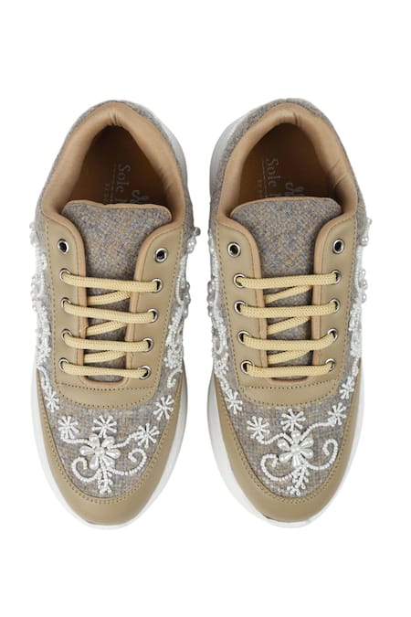 Buy_Sole Mates by Palak_Beige Pearly Embroidered Sneakers 