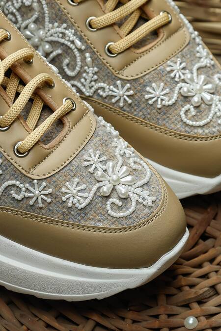 Shop_Sole Mates by Palak_Beige Pearly Embroidered Sneakers 