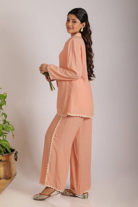 Grass & Sunshine_Peach Viscose Collared Radiance Co-ord Set _Online_at_Aza_Fashions