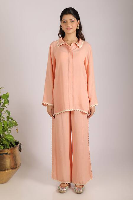Shop_Grass & Sunshine_Peach Viscose Collared Radiance Co-ord Set _Online_at_Aza_Fashions