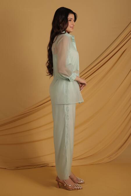 Grass & Sunshine_Aqua Chanderi Embroidery Collared Breeze Summer Co-ord Set _Online_at_Aza_Fashions