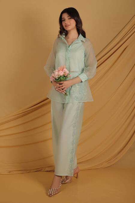 Buy_Grass & Sunshine_Aqua Chanderi Embroidery Collared Breeze Summer Co-ord Set _Online_at_Aza_Fashions