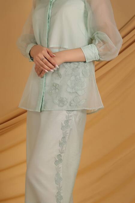 Shop_Grass & Sunshine_Aqua Chanderi Embroidery Collared Breeze Summer Co-ord Set _Online_at_Aza_Fashions