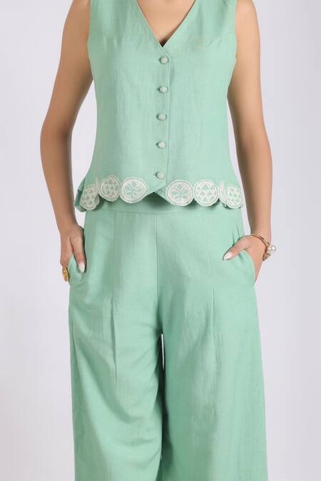 Grass & Sunshine_Green Cotton, Linen Embroidery V-neck Sea Dream Waistcoat And Pant Set _Online_at_Aza_Fashions