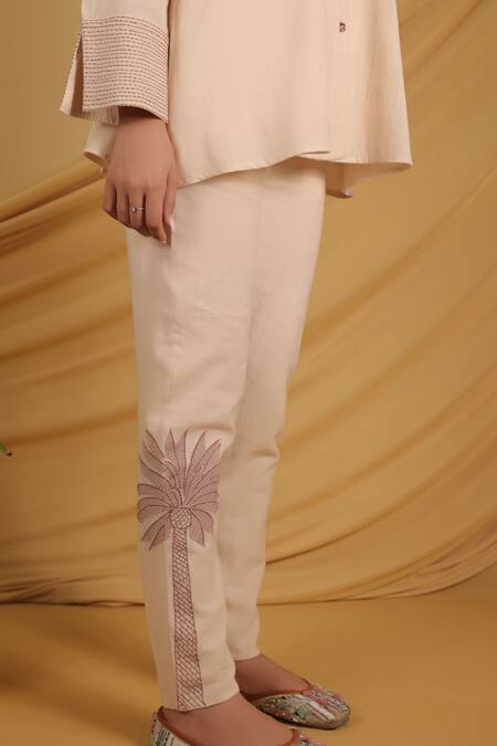 Grass & Sunshine_Beige Cotton, Linen Embroidery Round Neck Island Dreams Pant Set _Online_at_Aza_Fashions