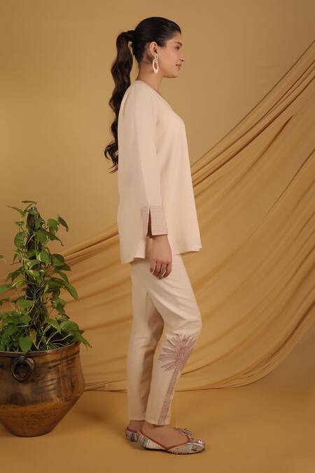 Shop_Grass & Sunshine_Beige Cotton, Linen Embroidery Round Neck Island Dreams Pant Set _Online_at_Aza_Fashions
