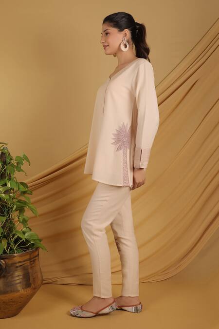 Grass & Sunshine_Beige Cotton, Linen Embroidery Round Neck Island Dreams Pant Set _at_Aza_Fashions