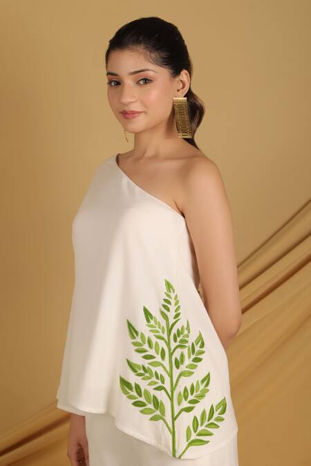 Grass & Sunshine_Off White Cotton, Linen Embroidery Off-shoulder Garden Glow Co-ord Set _Online_at_Aza_Fashions