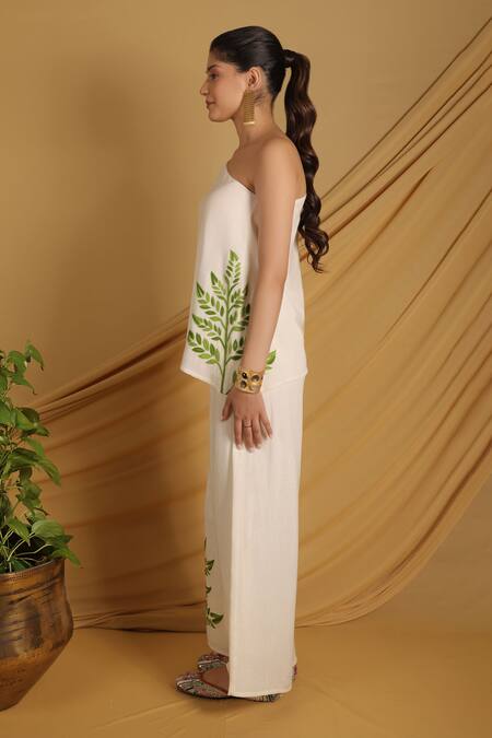 Shop_Grass & Sunshine_Off White Cotton, Linen Embroidery Off-shoulder Garden Glow Co-ord Set _Online_at_Aza_Fashions