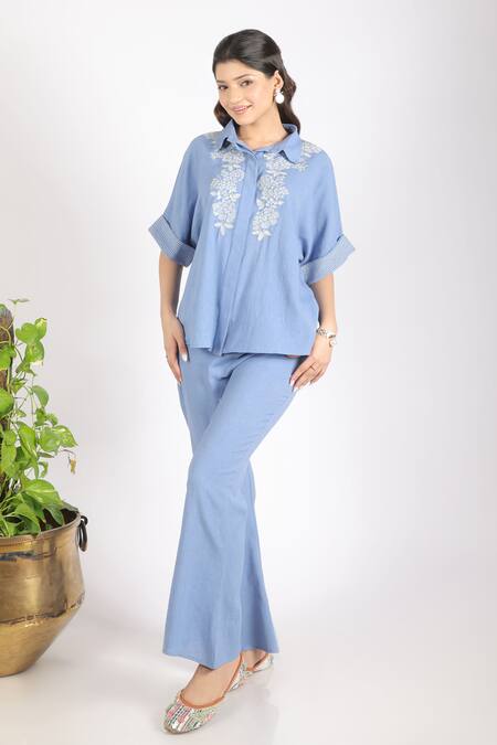 Grass & Sunshine_Blue Cotton, Linen Embroidery Collared Blossom Co-ord Set _Online_at_Aza_Fashions