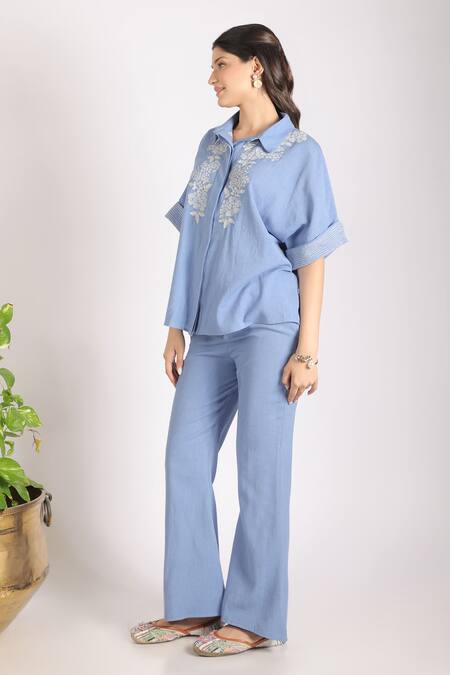 Buy_Grass & Sunshine_Blue Cotton, Linen Embroidery Collared Blossom Co-ord Set _Online_at_Aza_Fashions