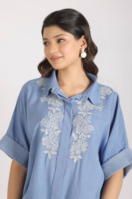 Shop_Grass & Sunshine_Blue Cotton, Linen Embroidery Collared Blossom Co-ord Set _Online_at_Aza_Fashions