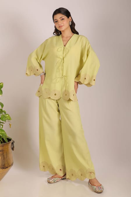 Grass & Sunshine_Yellow Cotton, Linen Embroidery V-neck Sunlit Fern Lime Pant Set _Online_at_Aza_Fashions