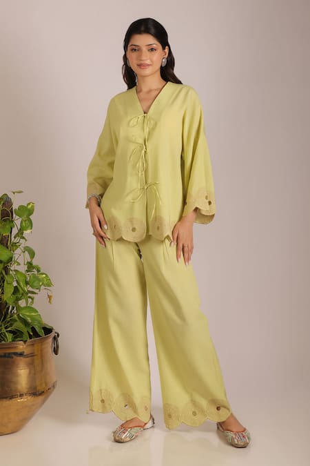 Grass & Sunshine Yellow Cotton, Linen Embroidery V-neck Sunlit Fern Lime Pant Set 