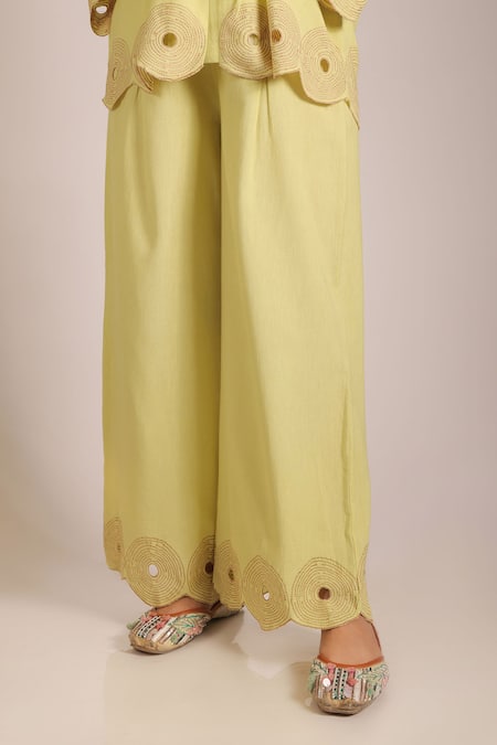Buy_Grass & Sunshine_Yellow Cotton, Linen Embroidery V-neck Sunlit Fern Lime Pant Set _Online_at_Aza_Fashions