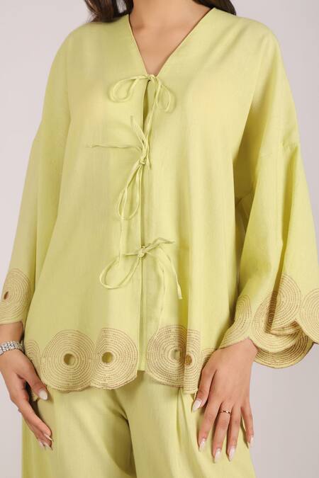 Shop_Grass & Sunshine_Yellow Cotton, Linen Embroidery V-neck Sunlit Fern Lime Pant Set _Online_at_Aza_Fashions