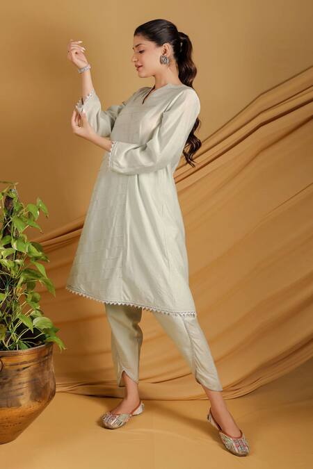 Shop_Grass & Sunshine_Green Chanderi Embroidery V-neck Pastel Petal Kurta And Pant Set _Online_at_Aza_Fashions