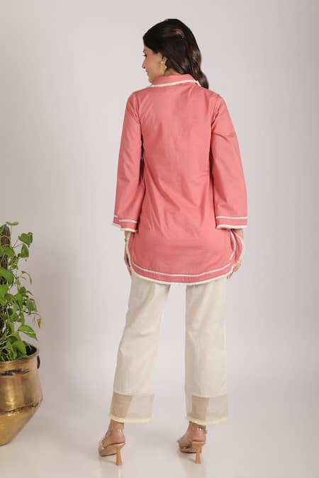 Grass & Sunshine Coral Modern Mandarin Kurta Set 