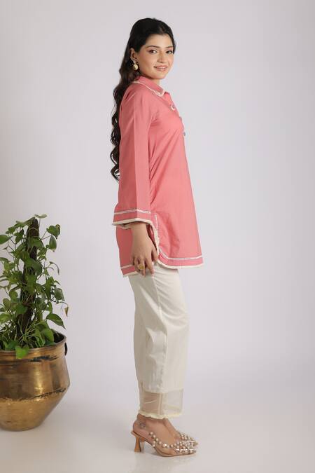 Buy Grass & Sunshine Coral Cotton Embroidery Mandarin Collar Modern Kurta Set Online at Aza Fashions Buy_Grass & Sunshine_Coral Cotton Embroidery Mandarin Collar Modern Kurta Set _Online_at_Aza_Fashions