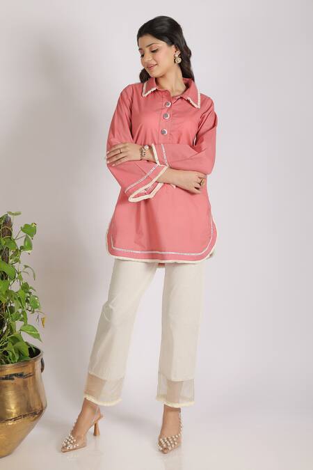 Shop Grass & Sunshine Coral Cotton Embroidery Mandarin Collar Modern Kurta Set Online at Aza Fashions Shop_Grass & Sunshine_Coral Cotton Embroidery Mandarin Collar Modern Kurta Set _Online_at_Aza_Fashions